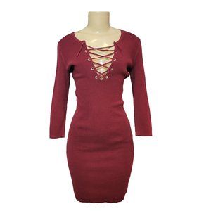 y2k 2000s Waffle Texture Maroon Midi Corset Lace Up Moda International Dress